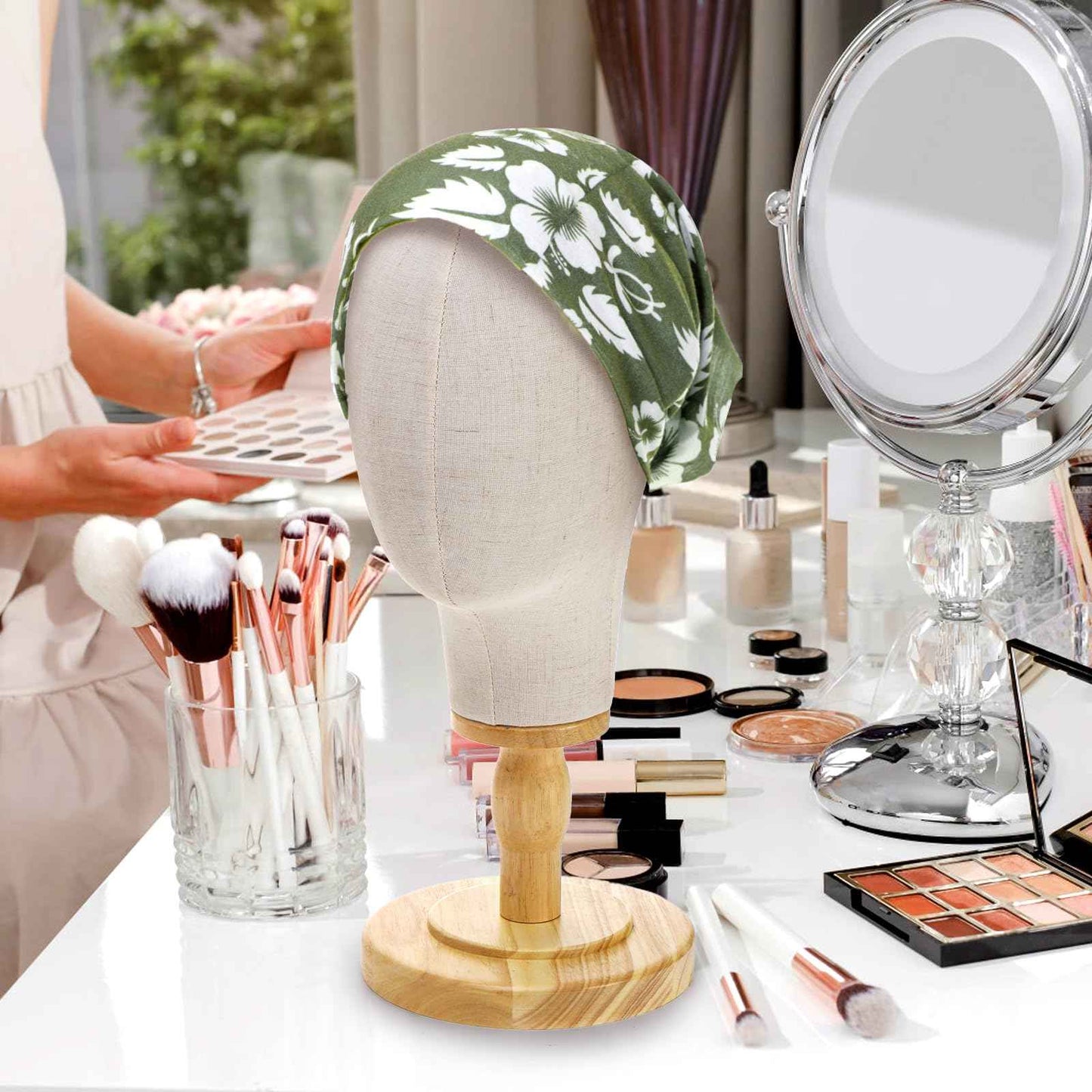 Peohud 21 Inch Mannequin Head, Canvas Wig Head Stand with Detachable Wood Stand, Linen Hat Display Model Head for Caps, Headdress, Wig Making