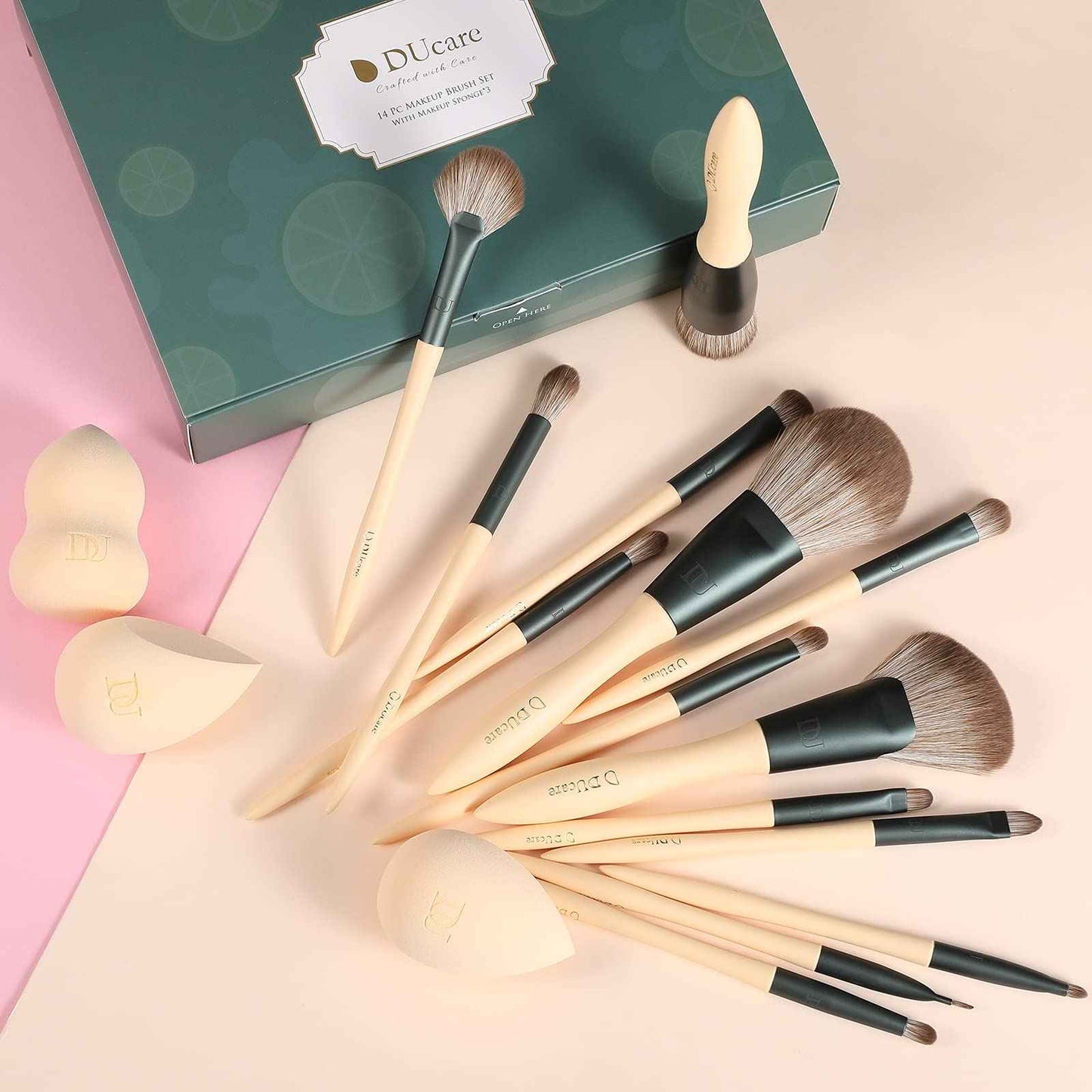 DUcare Makeup Brushes 14Pcs with 3Pcs Makeup Spong & Cosmetic Bag & Oil Blotting Sheets for Face