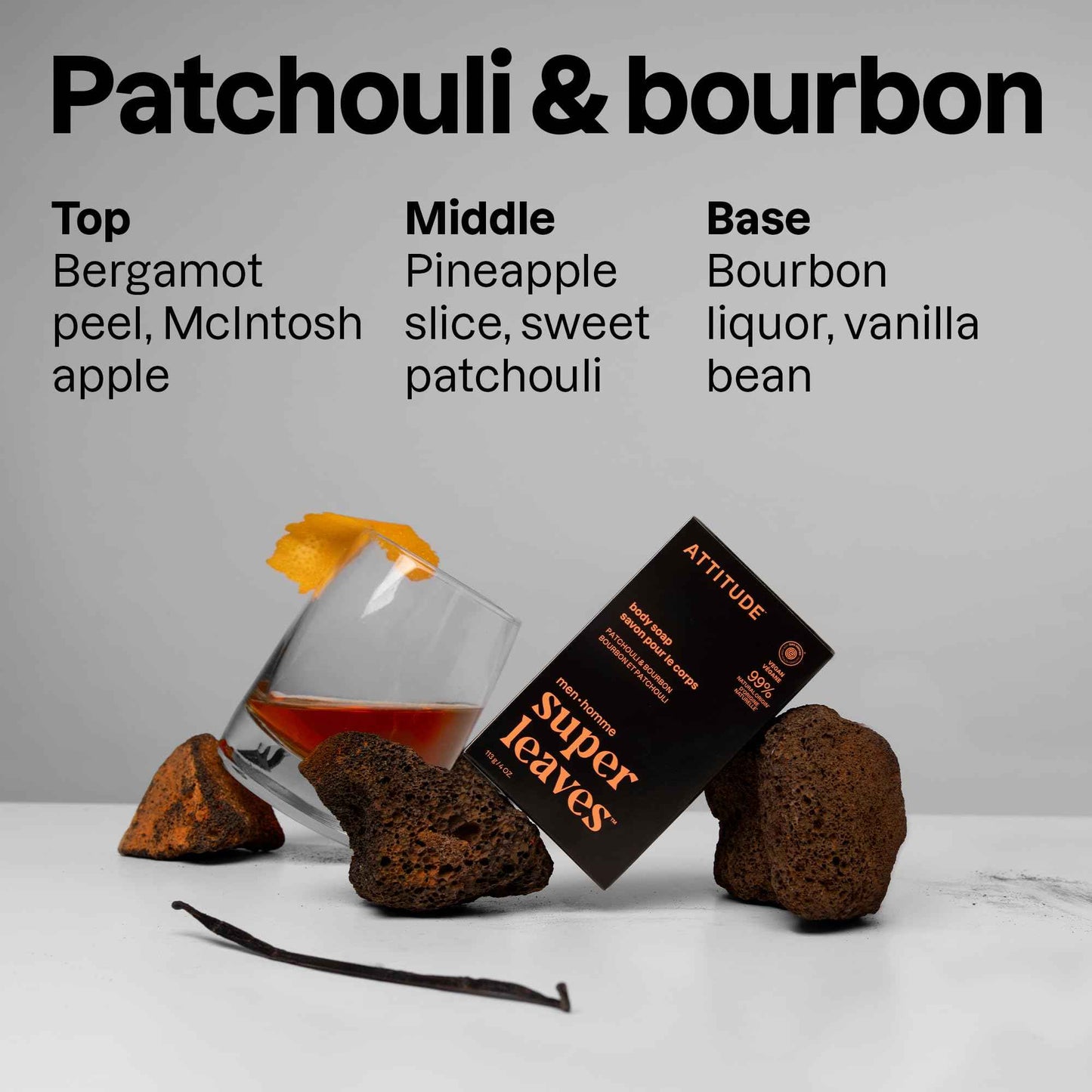 ATTITUDE Bar Soap Body Wash for Men, For Body and Hands, 99% Natural Origin Ingredients with Avocado Oil, EWG Verified, Patchouli & Bourbon, 4 Oz (Pack of 6)