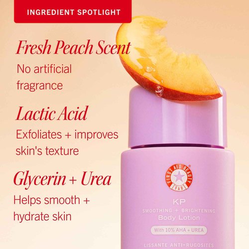 First Aid Beauty - KP Smoothing + Brightening Body Lotion with 10% AHA, Lactic Acid, Urea + Colloidal Oatmeal, Exfoliate & Moisturize, Banish Keratosis Pilaris Bumps, NEW Peach Scent (6. 7 fl oz)