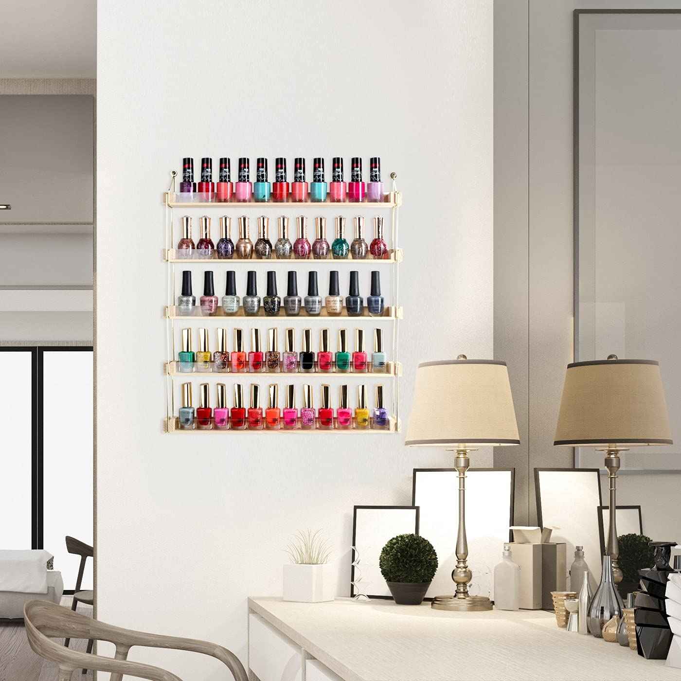 J JACKCUBE DESIGN Wall Mount Gold Metal and Wood Nail Polish Display Shelves Rack Organizer Holds 60 Bottles (5 Tier) - MK543A