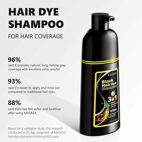 KAISASA Black Hair Dye Shampoo 3 in 1 for Gray Hair, Hair Color Shampoo for Women Men Grey Hair Coverage 500ml (Black)