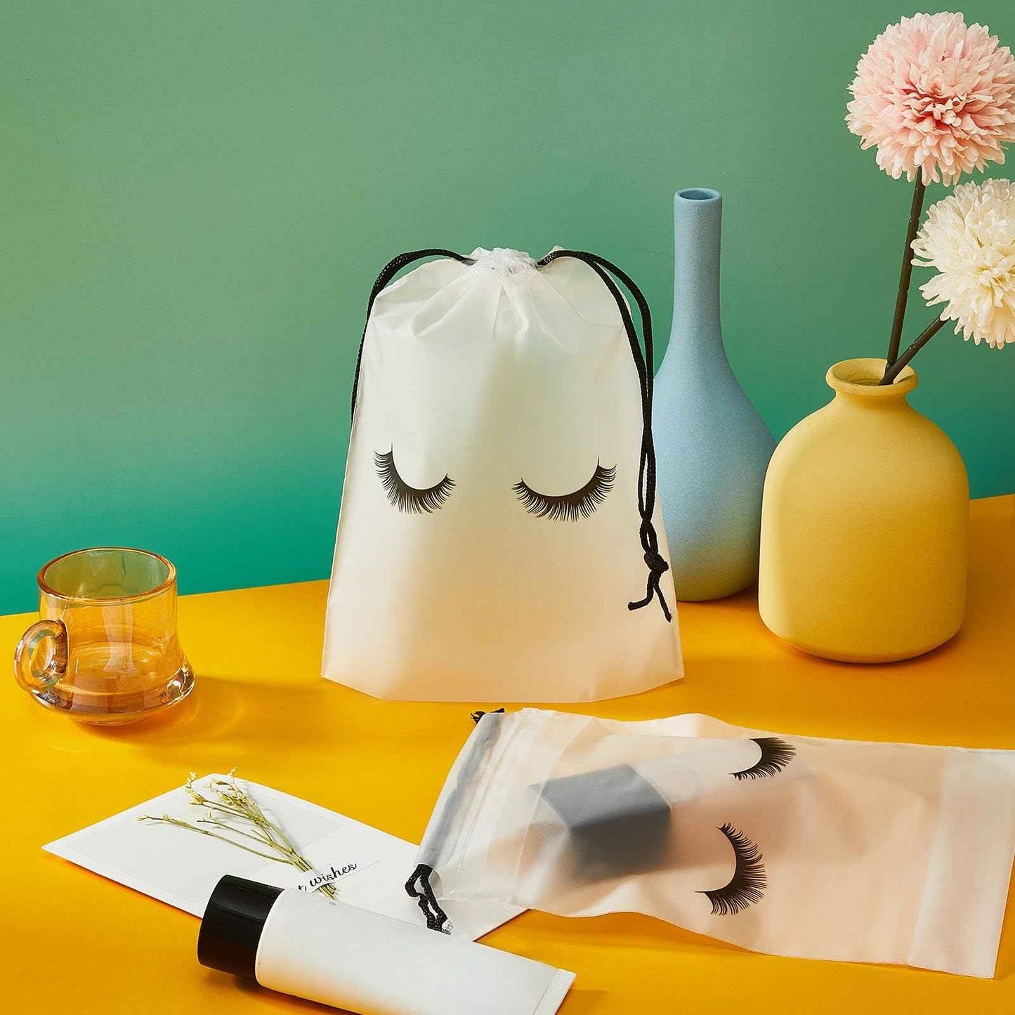 Shappy 50 Pcs Eyelash Aftercare Bags Eyelash Aftercare Plastic Makeup Bags with Drawstring Beauty Gift Cosmetic Sample Pouch for Women Girls Business Supplies(6 x 8 Inches,White)