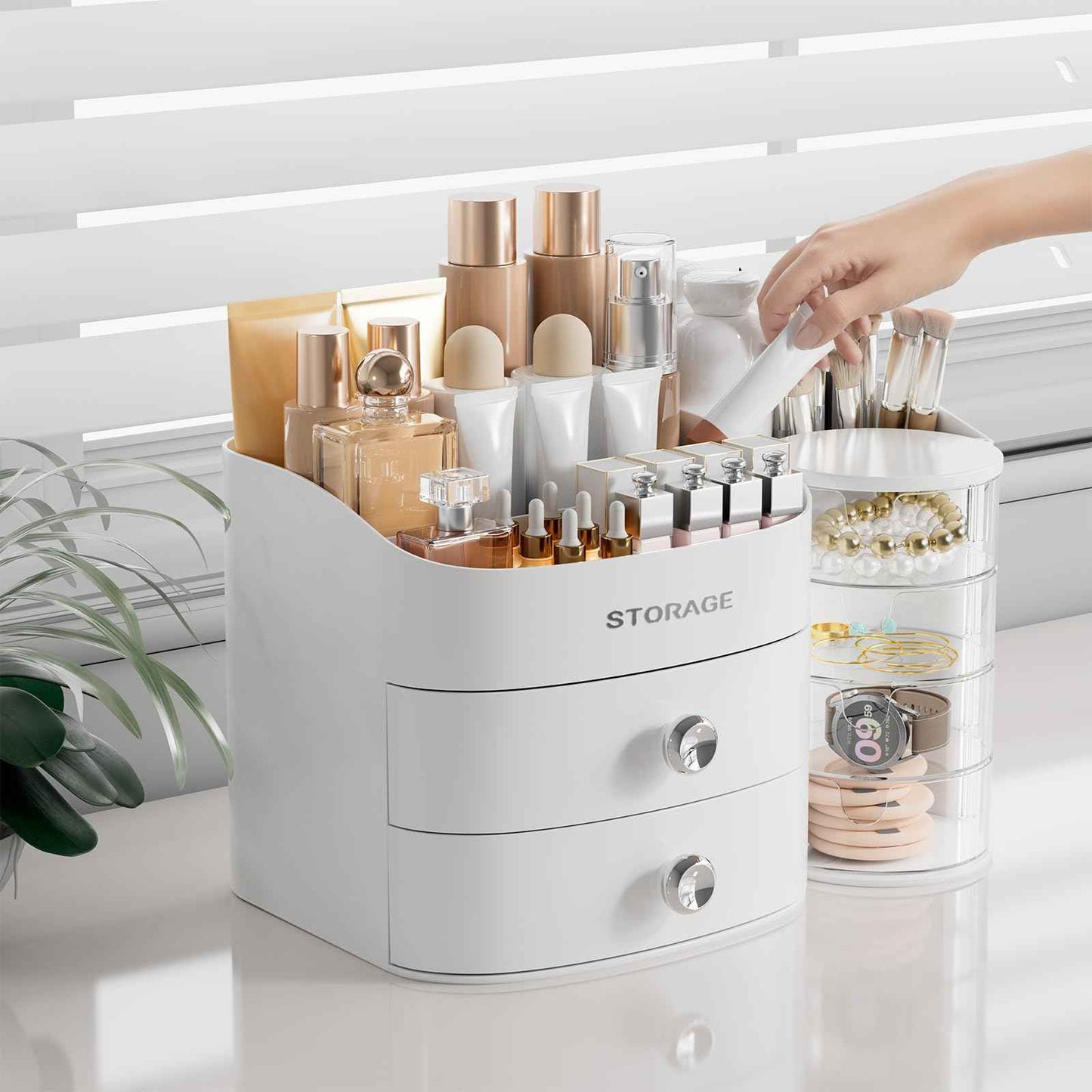 Makeup Organizer Countertop with Drawers, Make up Organizers for Vanity, Skincare Jewelry Earring Organizers, Cosmetic Display Cases Makeup Storage for Bedroom & Bathroom, Ideal Gifts for Women(White)