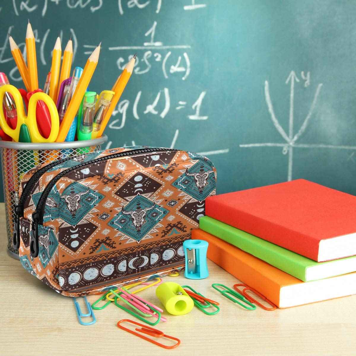 ALAZA Indian Tribal Aztec Ornament Geometric Pattern with Skulls Cosmetic Bag Leather Pencil Case Waterproof Portable Travel Makeup Pouch with Zipper for Women