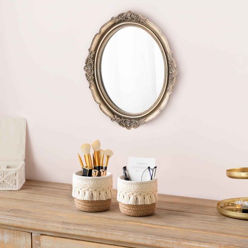 Mkono Macrame Makeup Brush Holder Organizer Comb Brushes Mini Storage Basket Set of 2 Boho Decor Baskets for Pen Pencil Box Container,Yellow and White