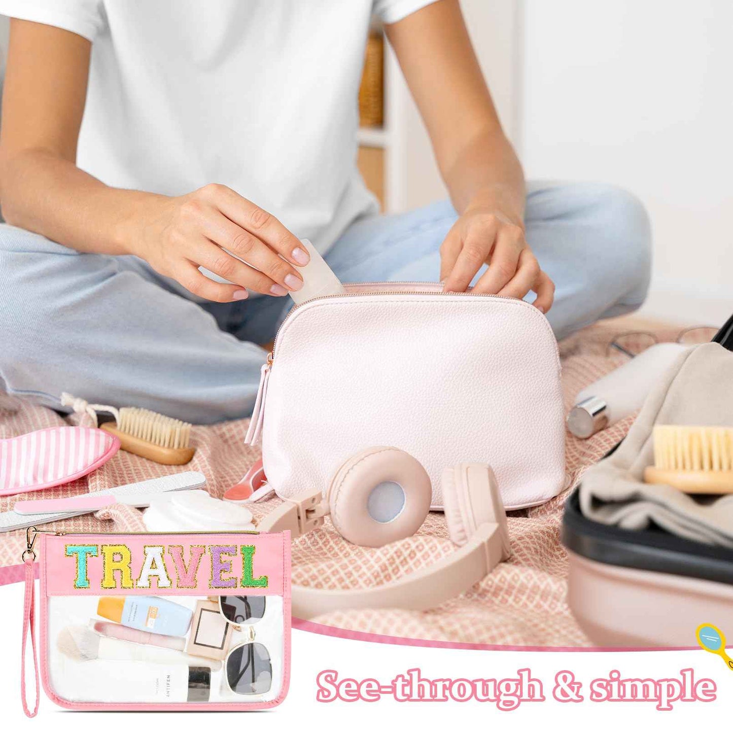 SOIDRAM Travel Makeup Bag Chenille Letter Patch Large Waterproof PVC Toiletry Bag Preppy Nylon Cosmetic Organizer for Women and Girls