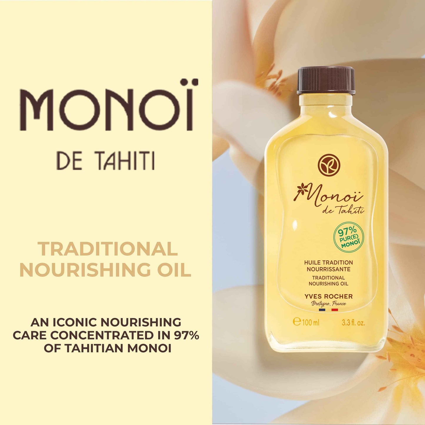 Yves Rocher Monoï de Tahiti Traditional Nourishing Oil for Body and Hair – 3.4 Oz – 1 Ct