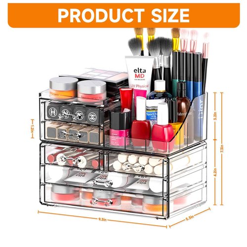 SUOXING Clear Acrylic Makeup Organizer for Vanity,Bathroom,Dresser,6 Drawer Cute Make up Organizers for Counter,Plastic Countertop Makeup Storage for Beauty,Jewelry,Brush,Cosmetic,Skin Care Organizer