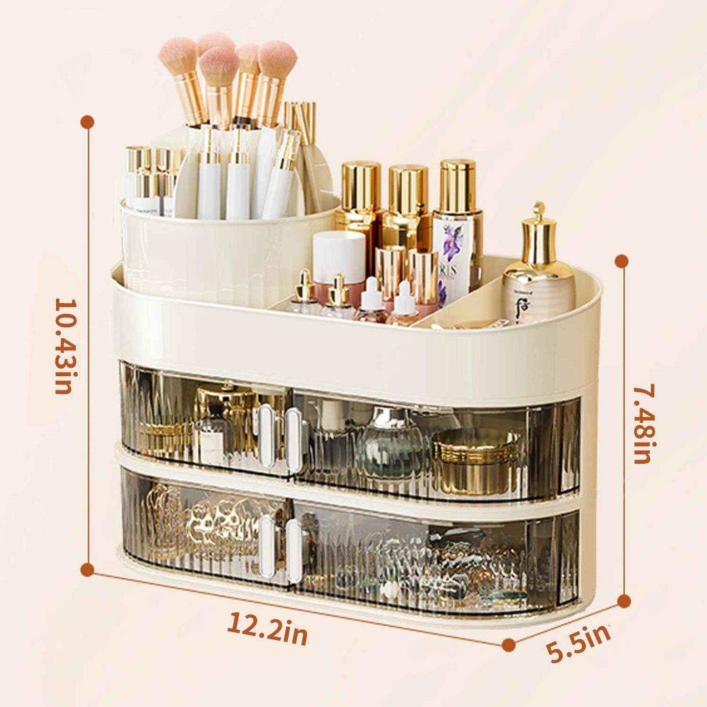 Rotating Makeup Organizer for Vanity, 3-Tier Large Capacity Countertop Storage with 4 Dust-Proof Drawers, Easily Hold Lipsticks, Jewelry, Brushes