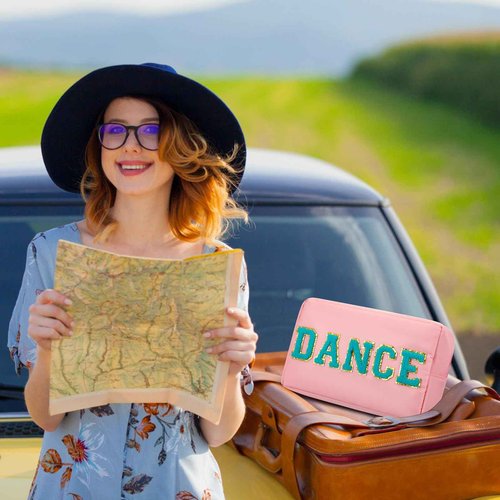 Clysee 6 Pcs Dance Makeup Bag Cosmetic Bag with Chenille Letter Patches Waterproof Portable Cheerleader Toiletry Zipper Pouch for Girl Women Appreciation (Pastel Colors)