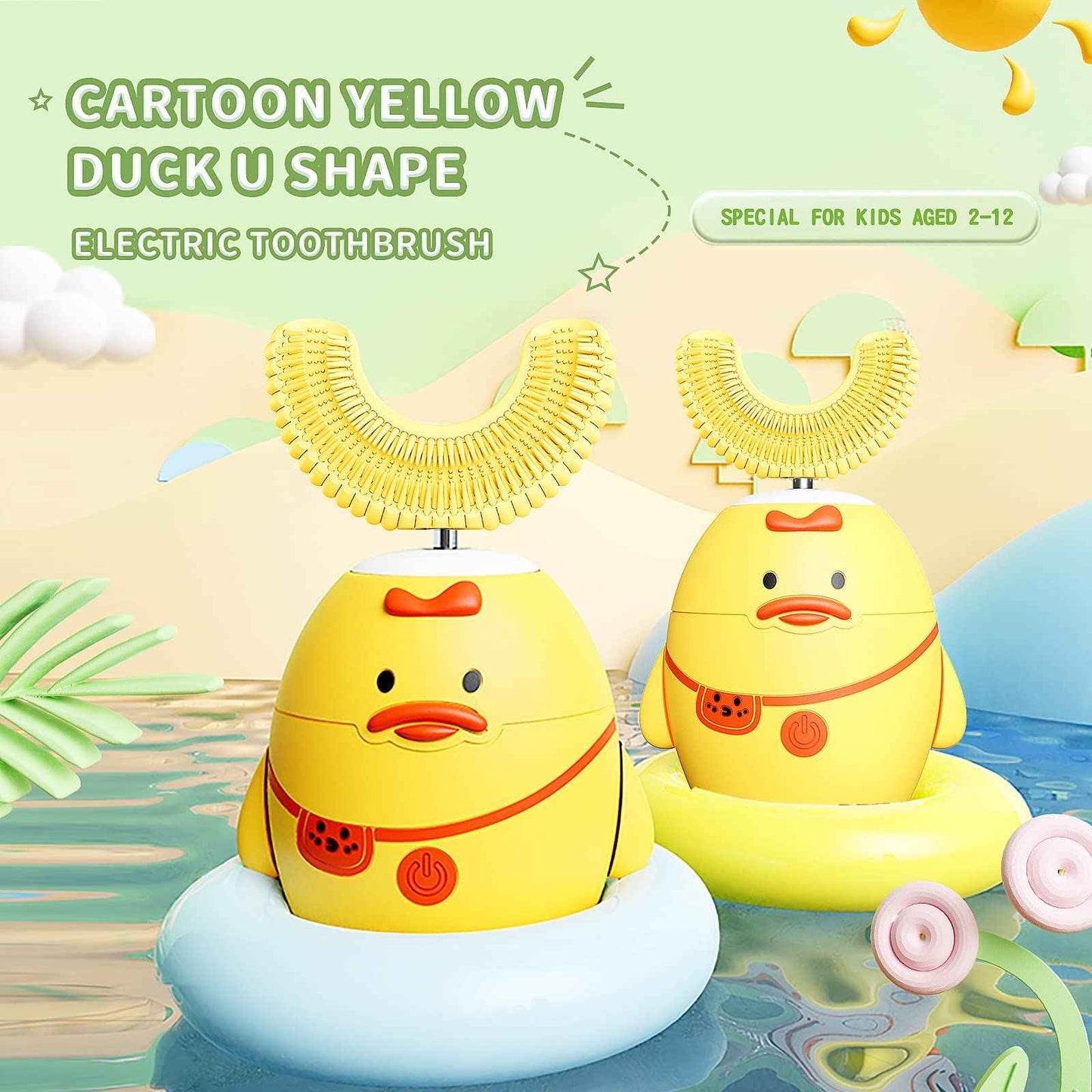 RexCodar Kids Electric Ultrasonic Toothbrush, U Shaped IPX7 Waterproof with 5 Smart Modes (Cartoon Duck, Ages 2-6)