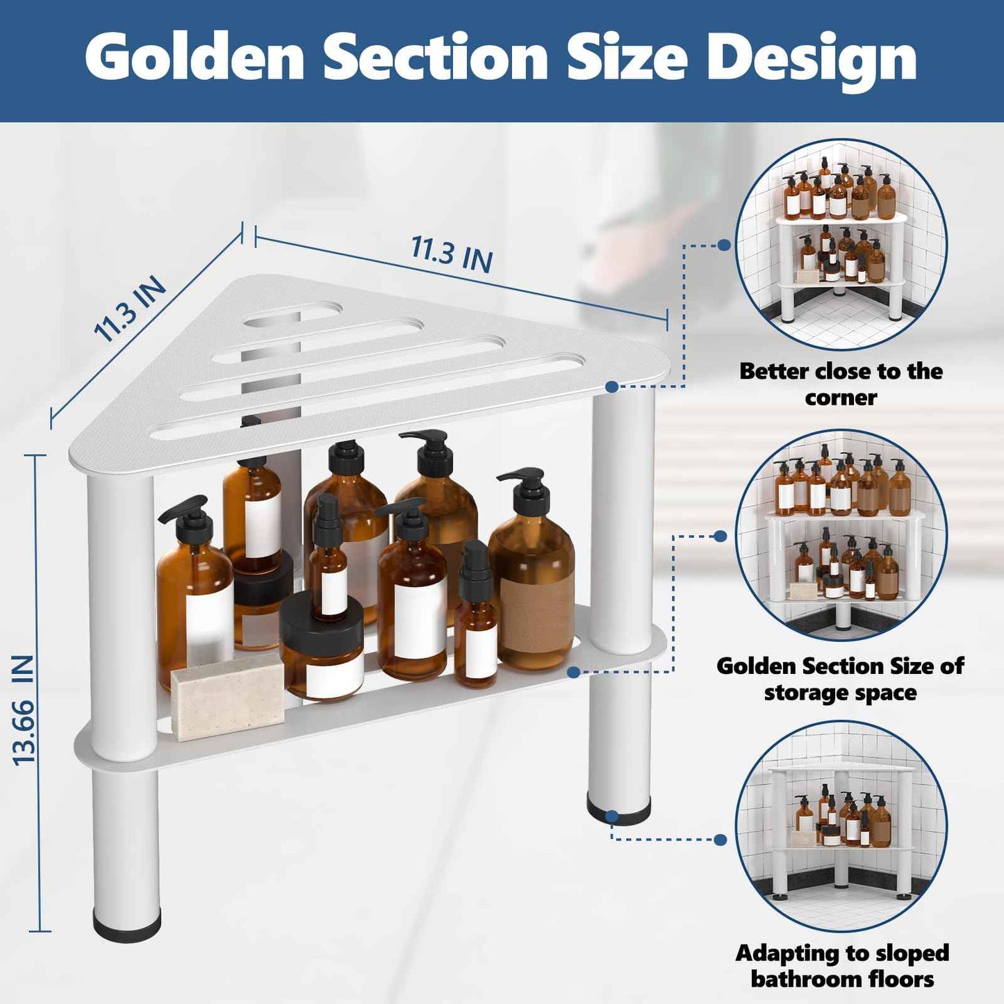 WINSTECK Upgraded Rust-Proof Metal Corner Shower Foot Stool for Shaving Legs, Shower Foot Rest Bench for Inside Shower with Storage Shelf, Small Step Stools, Non-Slip Bath Stool (White)