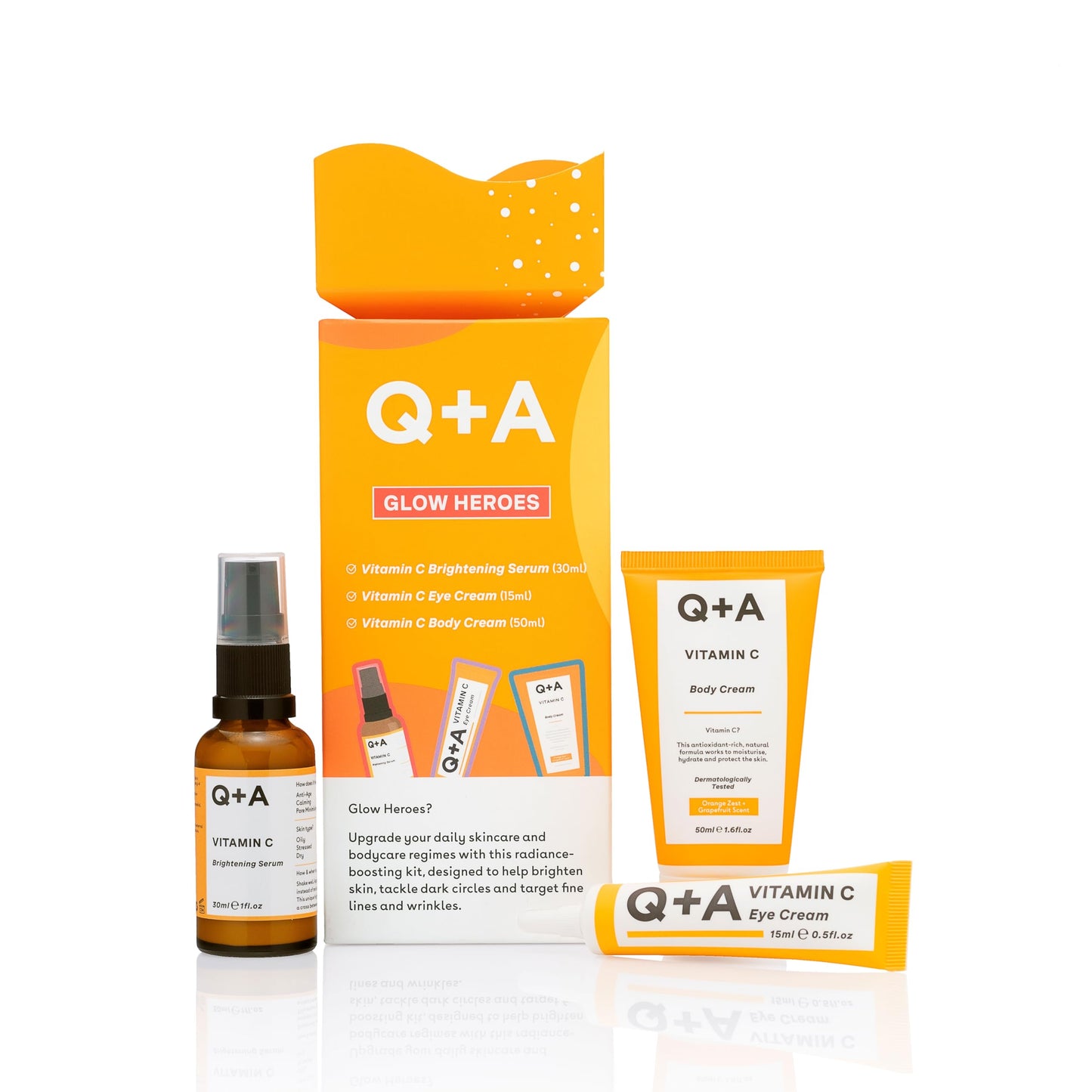 Q+A Glow Heroes Skincare Giftset - A Trio with Vitamin C Serum 30ml, Eye Cream 15ml & Body Cream 50ml - Rejuvenate - Vegan & Cruelty-Free, Made in UK
