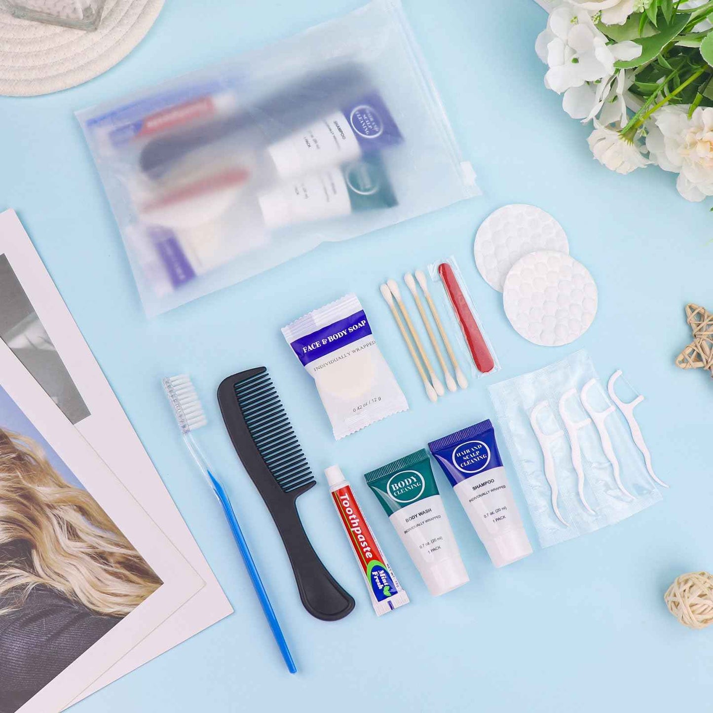 Toiletry Kits Travel Essentials Disposable Hygiene in Bulk, Trial Size Toiletries Supplies Individually Wrapped Traveling Personal Care Items, for Camping, Hotel, Homeless, Charity, 8-in-1 (20-Pack)