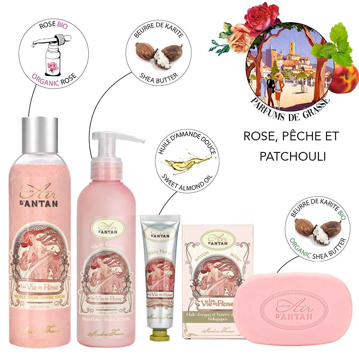 Un Air d'Antan Spa Gifts for Women - Gift Basket with Hand Cream, Rose Scented - 4 Products in Tall Tin