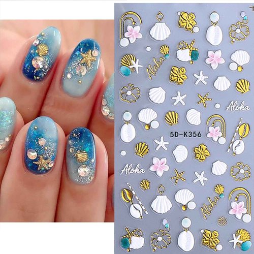 2 Sheets Summer Ocean Nail Art Stickers Decals 5D Embossed Self-Adhesive Seashell Starfish Nail Stickers Beach Sea Creatures Nail Decals for Acrylic Nails Women DIY Manicure Sliders Supplies
