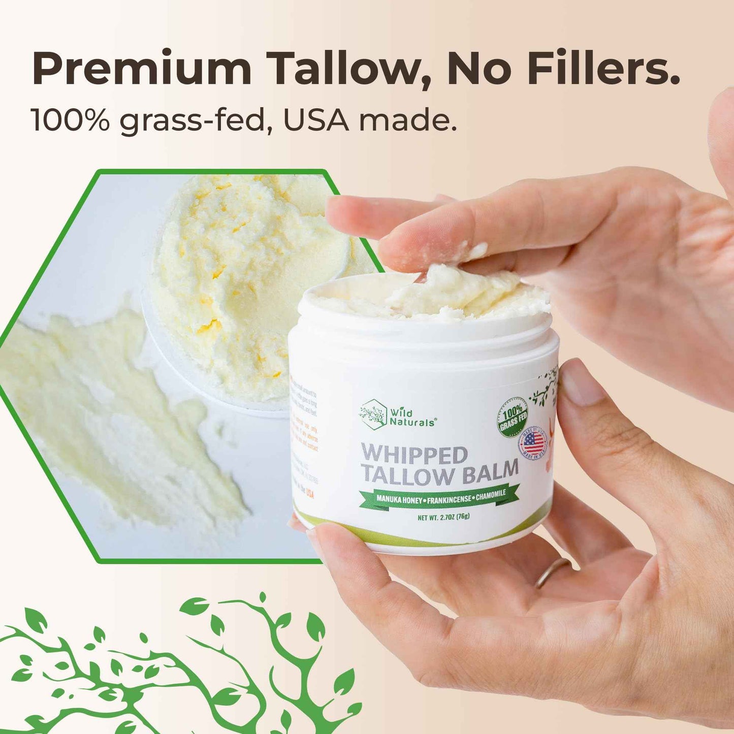Wild Naturals Whipped Tallow Honey Balm, Grass-Fed Beef Tallow Balm for Skin with Manuka Honey & Shea Butter, Thick & Unscented for Dry, Sensitive, & Reactive Skin