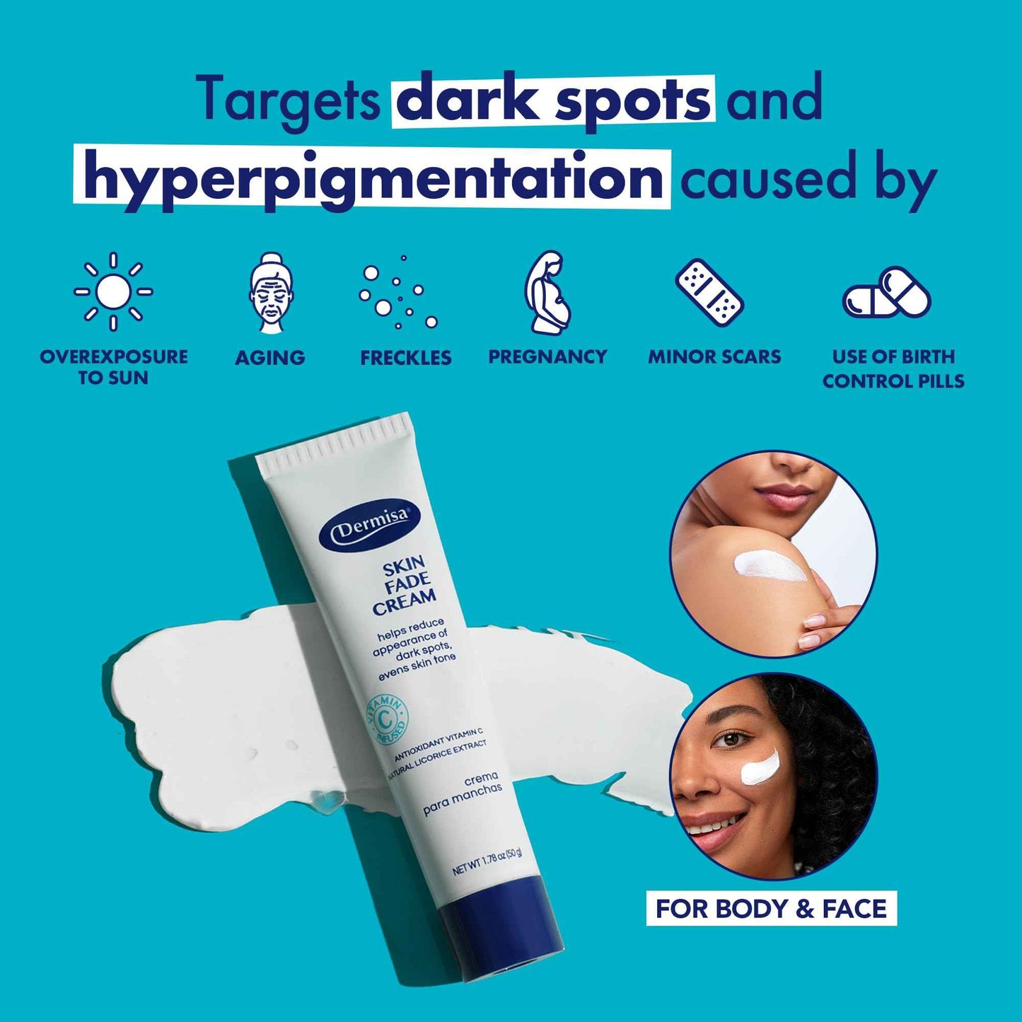 Dermisa Skin Fade Cream with Antioxidant Vitamin C | Helps Reduce Appearance of Dark Spots, Freckles, Marks from Acne, Aging, and Use of Birth Control | Light Non-Greasy & Quick Absorbing Cream | 1.78 OZ | Pack of 3