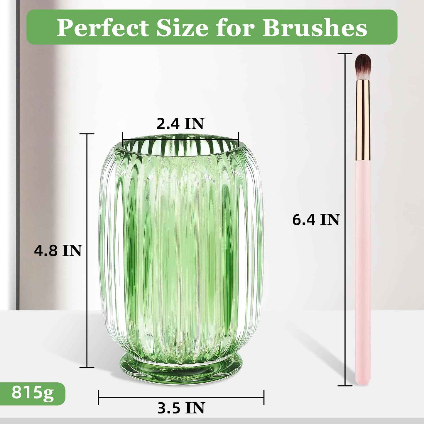 Makeup Brush Holder, Thick Glass Makeup Brush Organizer Cup, 4.8" Tall for Vanity Hair Brush Holder Brushes Storage, Makeup Brush Holder Organizer organizador de brochas de maquillaje Crystal Green