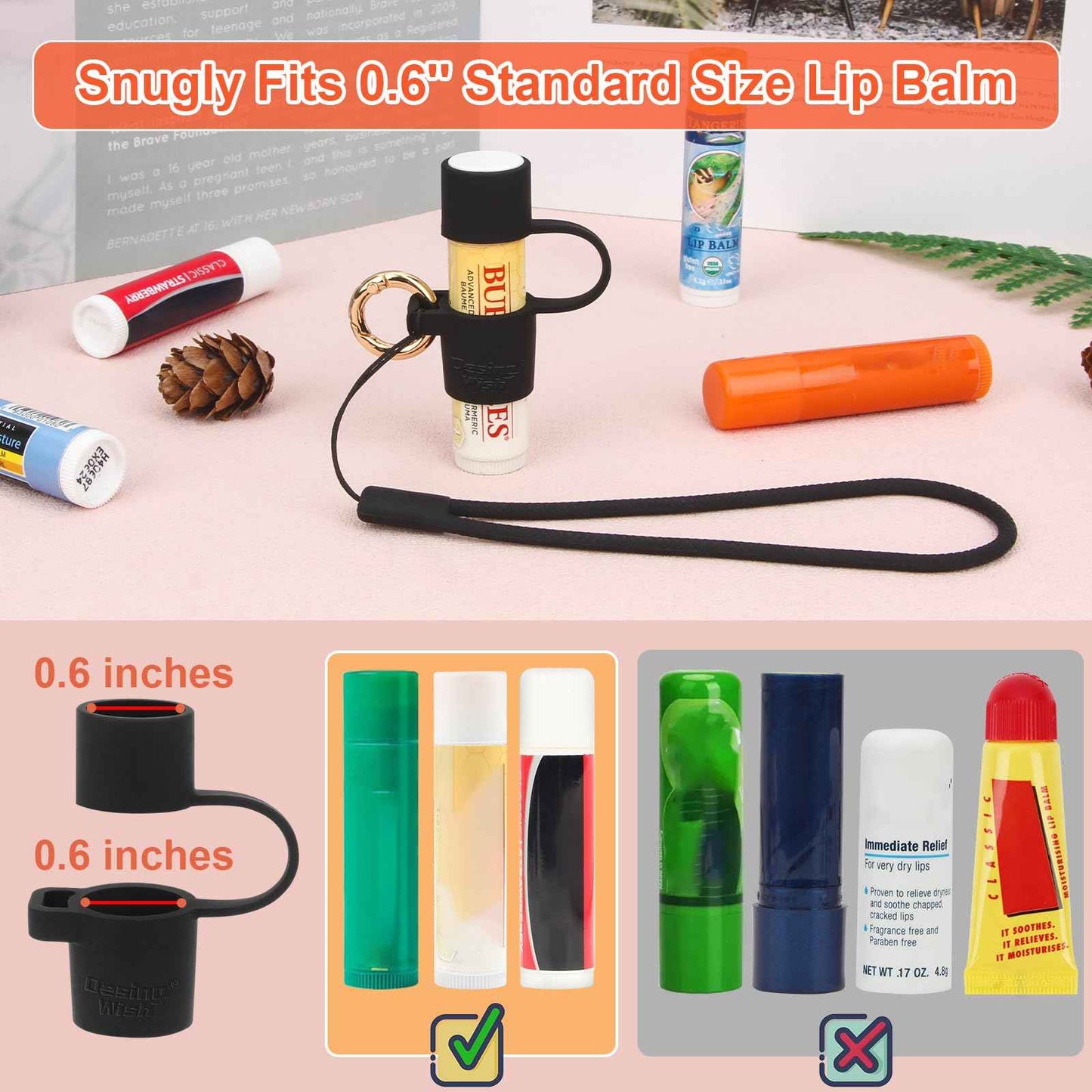 Desing Wish Silicone Chapstick Holder with Cap Cover, 0.6'' Diameter Portable Lip Balm Holder Key Chain Sleeve Chapstick Keychain Holder with Wrist Strap Lanyard - Pink