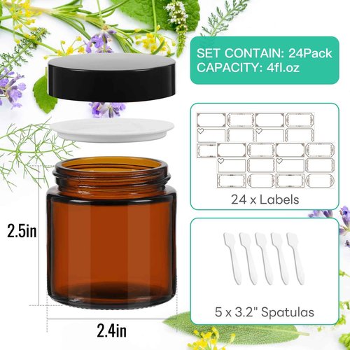 CAKKVDE 4 oz Amber Round Glass Jars with Black Lids 24 Pack- Portable Empty Glass Containers with Inner Liners for Cosmetic, Food Storage, Body Butters, Body Butter, Candle Jars