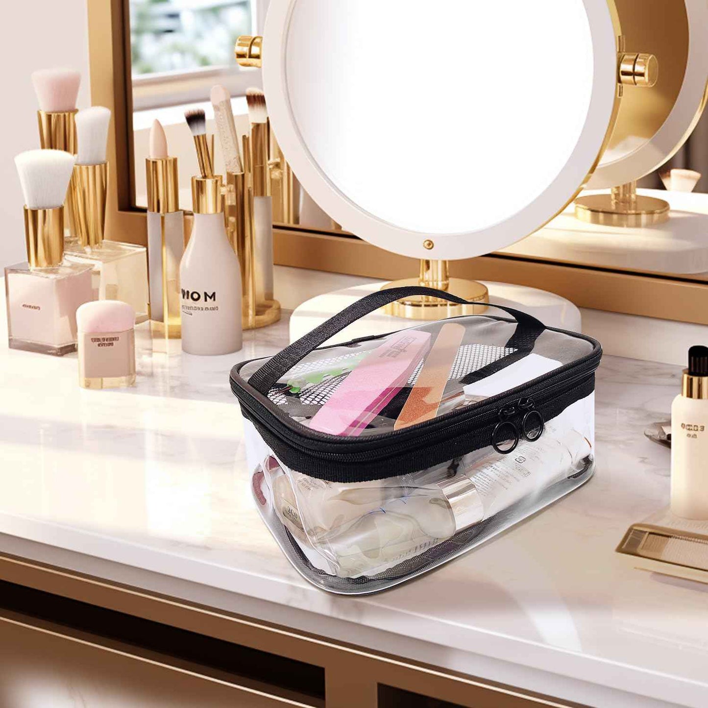 leevanoo Clear Makeup Bags with Mesh Top,Clear PVC with Zipper Handle Portable Travel Luggage Pouch,TSA Approved Cosmetic Organizer (Black)