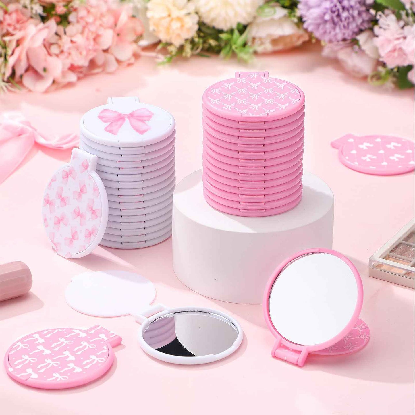 Namalu 36 Pcs Pink Bow Coquette Mini Compact Mirrors Party Aesthetic Gifts Bulk for Women Wedding Bridal Travel Portable Round Pocket Makeup Mirror Gift for Purse Party Favors Breast Cancer