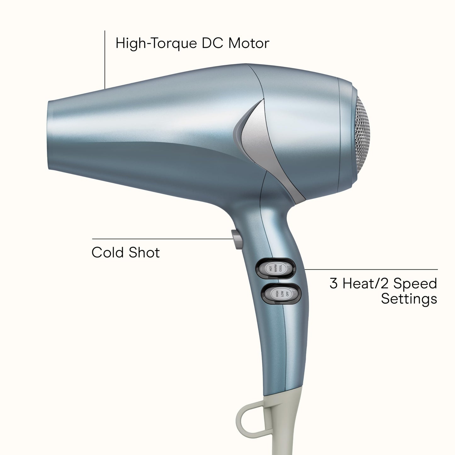 Infiniti PRO CONAIR Hair Dryer with Diffuser and Concentrator, 1875W Style & Shine Blow Dryer with Tourmaline and Ionic Conditioning to Fight Frizz, 3 Heat & 2 Speed Settings, Blue
