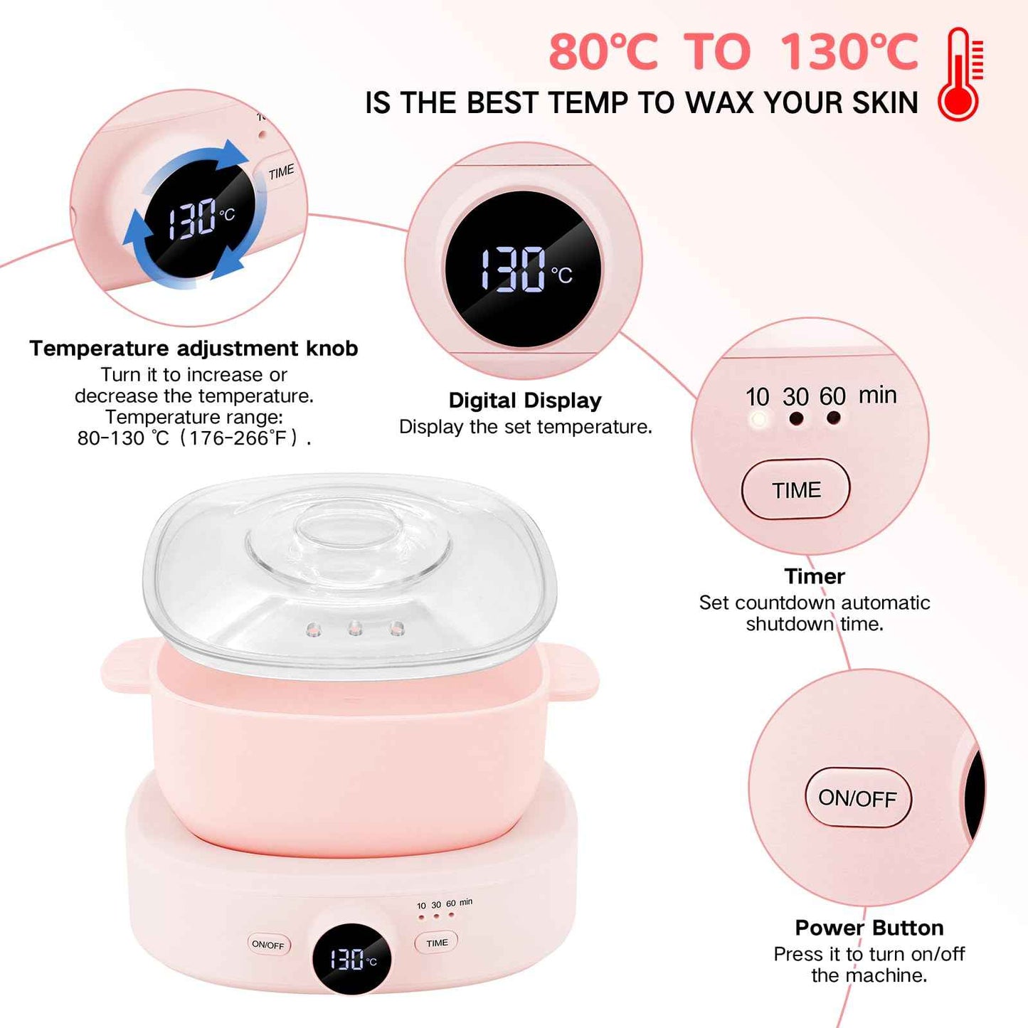 Wax Warmer Hair Removal, Adjustable Temperature, Digital Display Professional Hot Wax Warmer Pot with Silicone Bowl, Timer setting