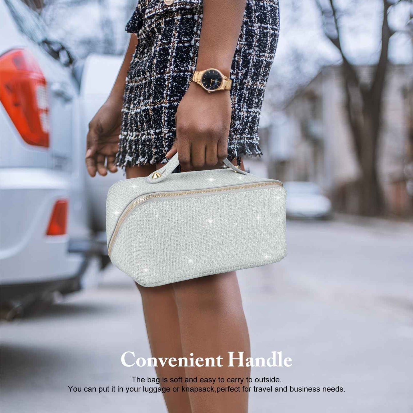 KEYPOWER Large Capacity Glitter Sequin Cosmetic Bag Travel Makeup Bag Sparkly and Shiny Portable Toiletry Bag with Handle for Women (Silver)