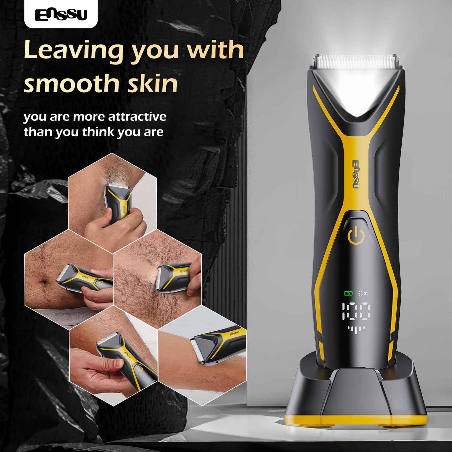 ENSSU Body Hair Trimmer for Men Manscape Trimmer for Men, Electric Ball Shavers with Ceramic Blades & BLADELOCK™, Pubic Hair Groomer IPX7 Waterproof Wet or Dry Use for Groin/Legs/Chest