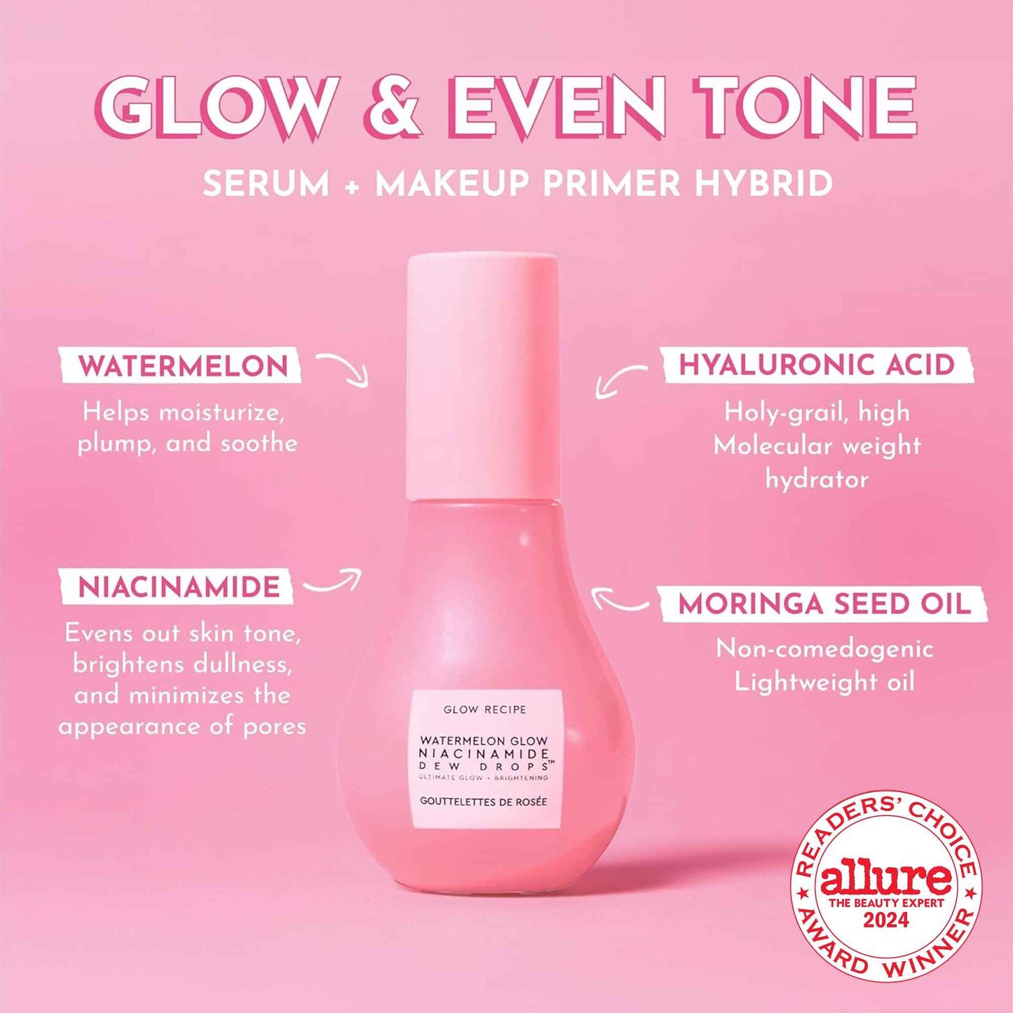 Glow Recipe Watermelon Niacinamide Dew Drops - Brightening, Plumping Hydrating Face Serum, Makeup Primer + Liquid Highlighter with Hyaluronic Acid - Dewy & Glowing Korean Skin Care (40ml)