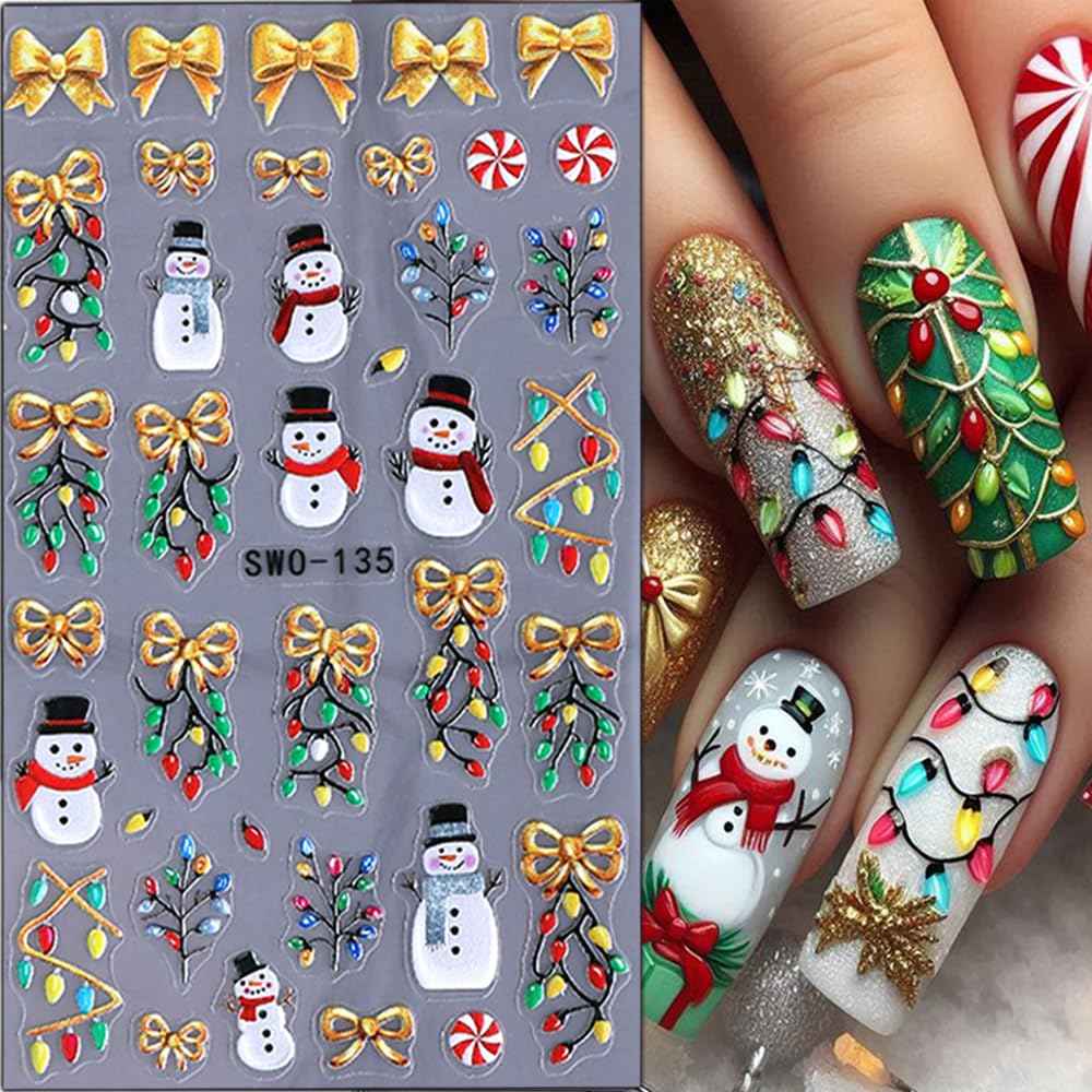 Christmas Nail Stickers 5D Embossed Christmas Tree Snowman Nail Art Stickers Snowflake Nail Decals Self-Adhesive Santa Claus Gingerbread Man Design Sticker Holiday Nail Art Decoration for Women 4Pcs