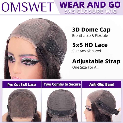 omswet Wear and Go Bob Wig Human Hair 200 Density 5x5 HD Lace Closure Pre Plucked Pre Bleached Pre Cut Glueless Wig Bob Wigs for Black Women Human Hair Glueless Short Wigs Natural Black 10 Inch