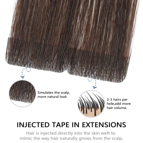 COOKAYU Injected Tape in Hair Extensions, Darkest Brown 14Inch 30g 20pcs Seamless Invisi Edge Tape in Human Hair Straight Invisible Extensions