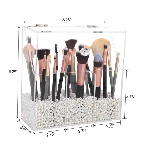 Vevitts Acrylic Makeup Brush Holder, Clear Cosmetic Storage Box with 3 Brush Holders, Dust Cover, Large-Capacity Split Design for Organizing Vanity Desk