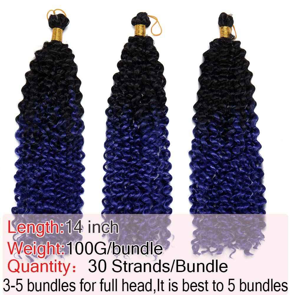 Ombre Marlybob Crochet Braids Hair Extension 14 inch Deep Water Wave Braiding Hair Kinky Curly Afro Jerry Curl Marley Bob Twist Braid Hairpiece for Women 3 Bundle 90 Strands 300G Black to Dark Blue