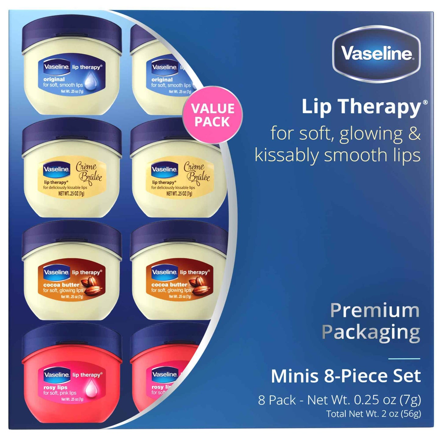 Vaseline Lip Therapy Variety 8-Pack – Original, Crème Brûlée, Rosy Lips, Cocoa Butter Mini Lip Balms for Soft, Glowing, and Deliciously Kissable Lips, 0.25 Oz Ea