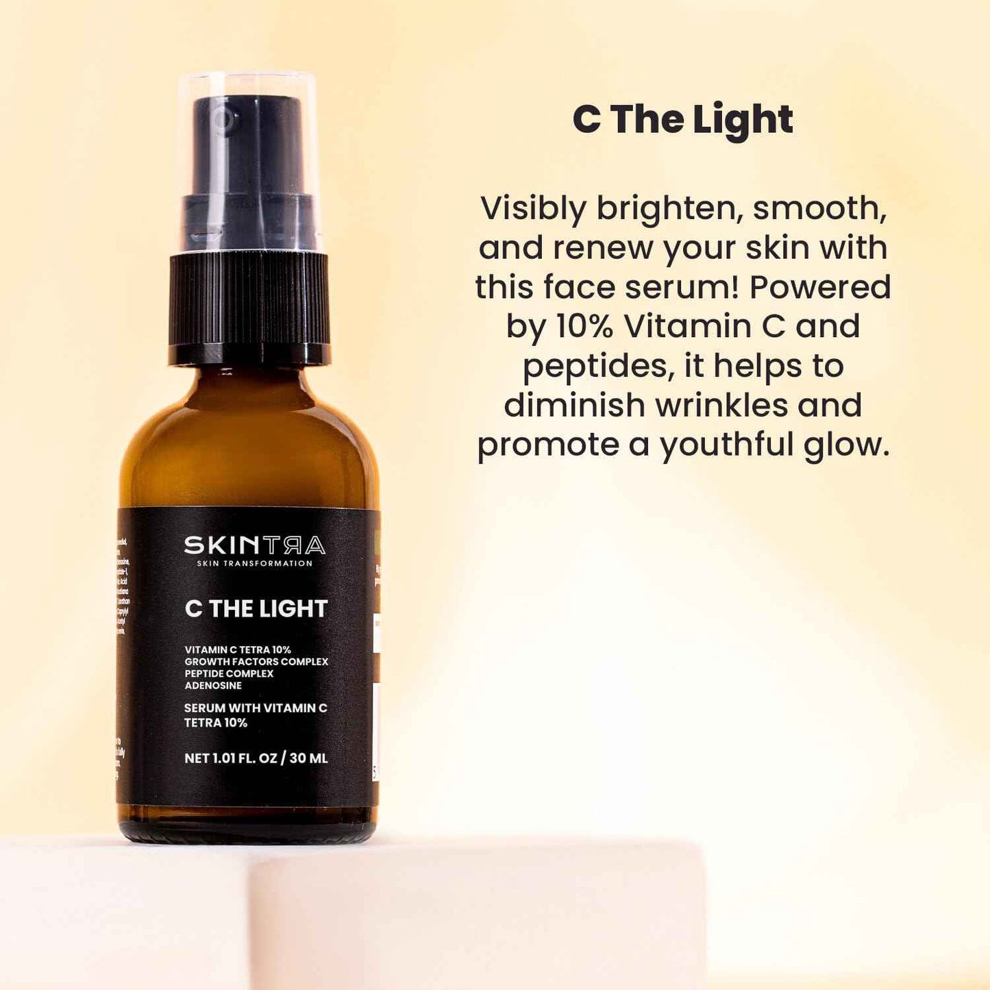 SkinTra - C The Light - 10% Stable Vitamin C Serum for Face, Neck, and Hands, Brightens & Firms Skin – Safe Vegan Formula Suitable for Sensitive Skin – 30 ml/Net 1.01 Fl. Oz