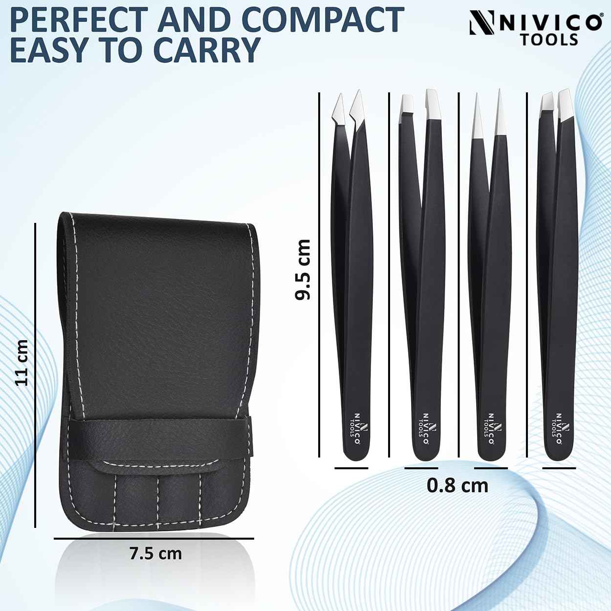 NIVICO Tweezers Set with Leather Pouch โ Professional Stainless Steel Tweezers for Eyebrows Precision Facial Ingrown Hair Removal (Black)