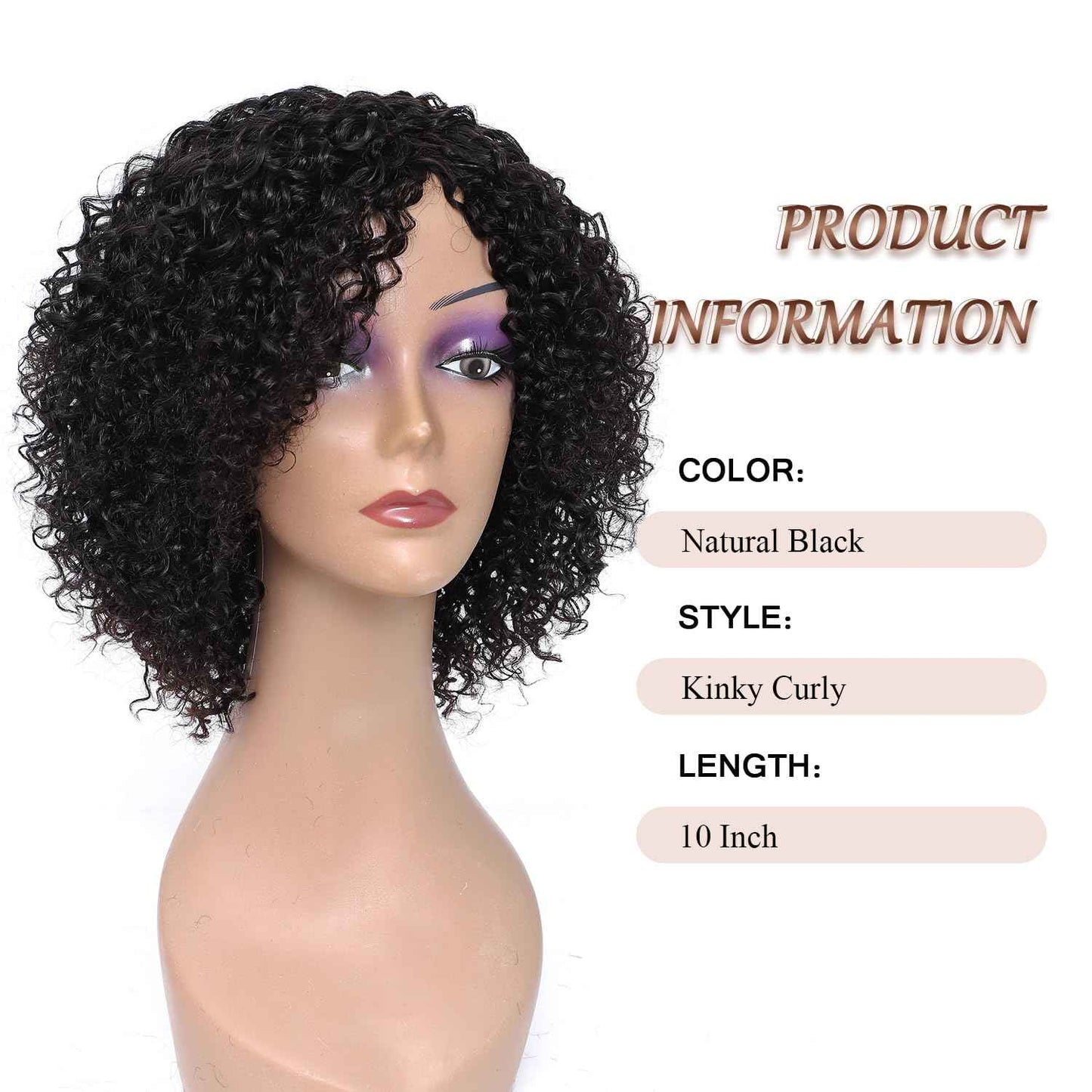 HUA 10 Inch Short Curly Wigs for Black Women Glueless Kinky Curly NO Lace Wig Beginner Friendly Curly Afro Wigs for Women Wear and Go Glueless Wig Natural Black Color 150% Density