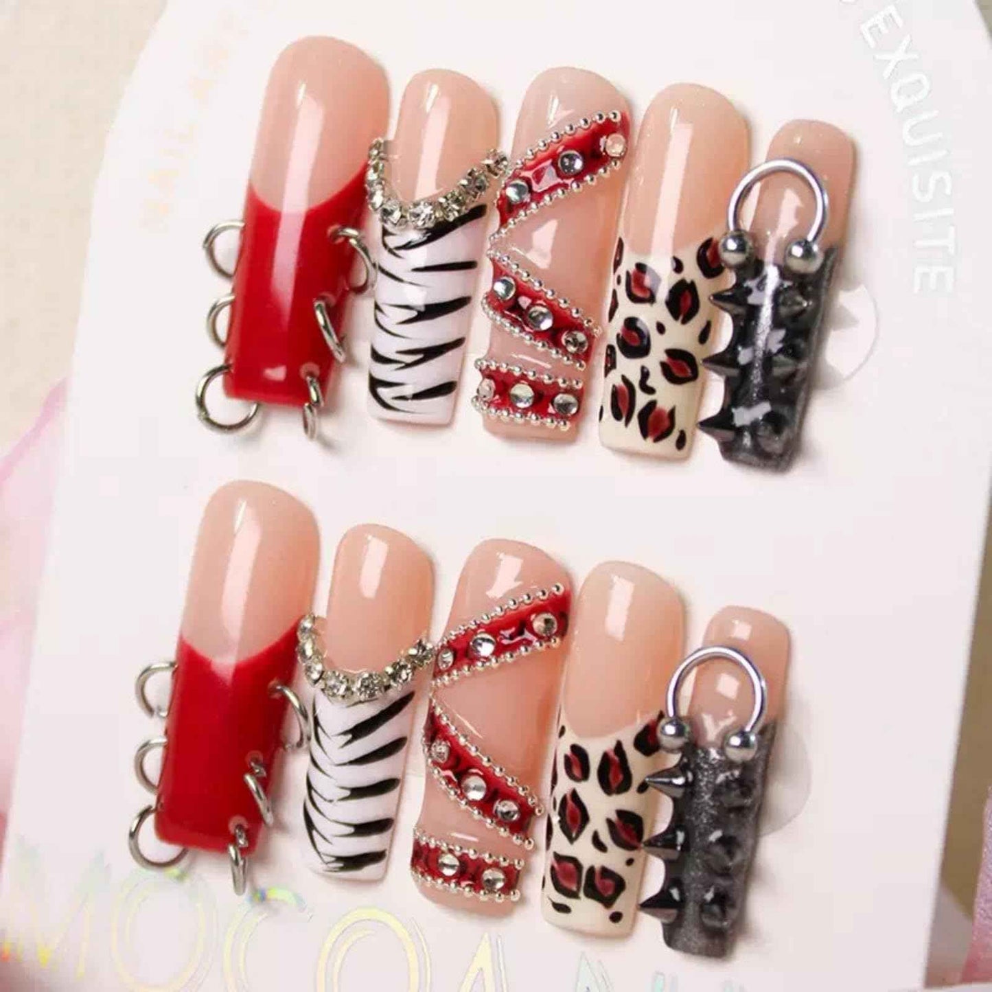 100% 5D Handmade Press on Nails with Charms Long Square Nails Press ons- Red French Tips False Nails Rhinestone Brown Leopard Fall Press on Nails for Women Girls Daily Wear DIY Manicure Size M
