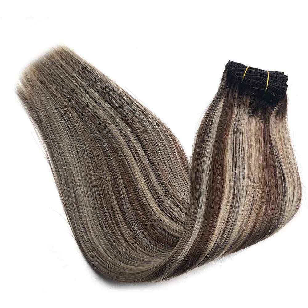 Clip in Hair Extensions18Inch Full Head 100% Brazilian Remy Human Hair Ombre Colored #2 Dark Brown and #6 Light Brown Fading to #60 Platinum Blonde Soft Silky Straight for Women 8Pcs 20clips 140g
