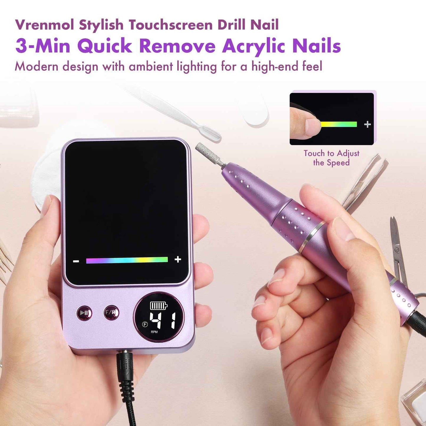 Vrenmol Nail Drill Professional: 45000 RPM Electric Nail File Smart Touchscreen Rechargeable Nail Dr Ill Kit Portable Nail Drill with 12 Drill Bits for Acrylic Nail Gel Polishing Removing Efile Salon