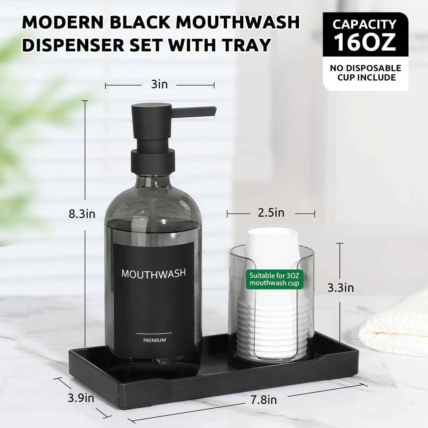TOLDATLI Mouthwash Dispenser for Bathroom, Glass Mouth Wash Pump Dispenser with Cup Holder, 17 Fl Oz Mouthwash Bottle Decanter with Tray, Refillable Mouthwash Dispenser Container (Clear Black)