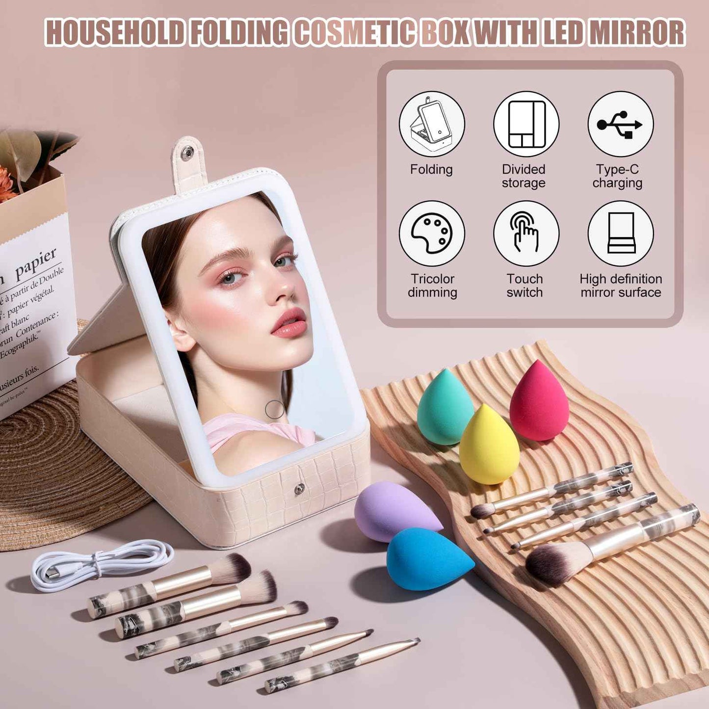 BS-MALL large Led Makeup Mirror Case Travel Makeup Brushes Set 15 Pcs â LED Light Mirror with Makeup Sponge for Enhanced Beauty Routine Desk Stand Led Mirror