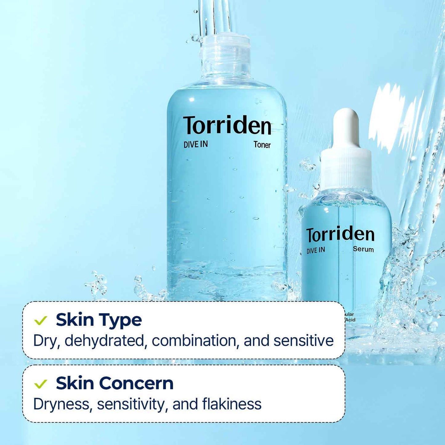 TORRIDEN Dive-in Low-molecular Hyaluronic Acid Serum 1.69 fl oz + Toner 10.14 fl oz | Vegan Clean Cruelty Free Facial Ampoule Moisturizer Astringent Alcohol-Free Fragrance-Free