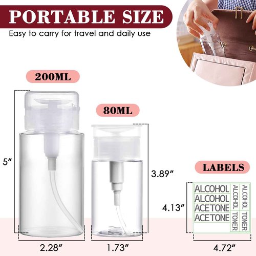 4 Pack Push Down Pump Dispenser 6.7oz/200ML & 80ML Empty Acetone Dispenser Push Top Alcohol Bottles Containers for Nail Polish Makeup Remover Water Facial Toner