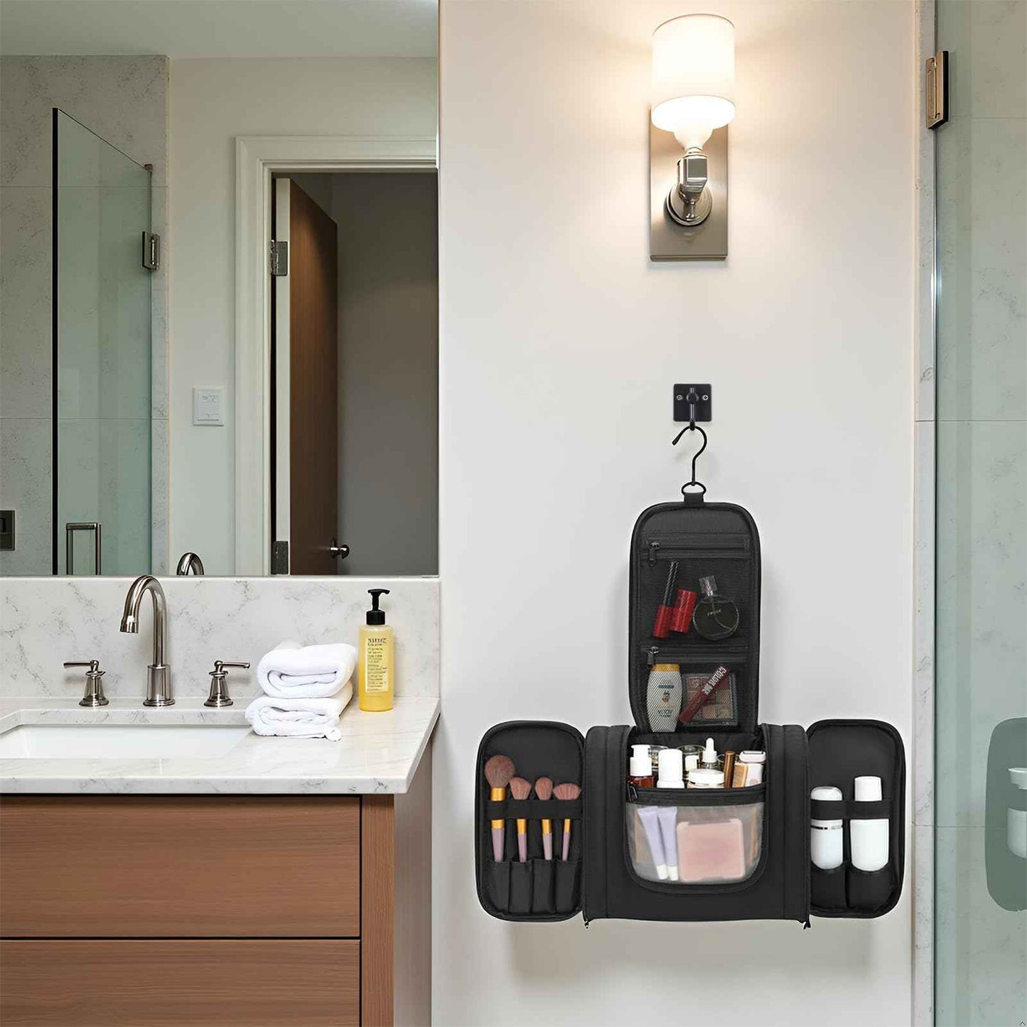 Pearl Angeli Hanging Toiletry Bag for Women, Large Makeup Cosmetic Bag, Water Resistant Toiletries Travel Essentials Organizer, Full-size Container, Black